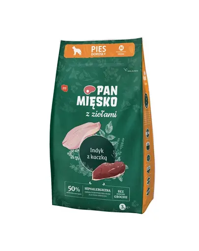 PAN MIESKO ierburi aromatice, curcan si rata M 3 kg hrana caini rasa medie