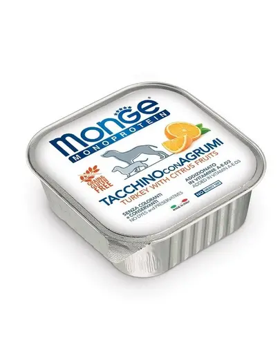 MONGE Fruit Dog Monoprotein hrana umeda pentru caini, curcan si portocale 150 g