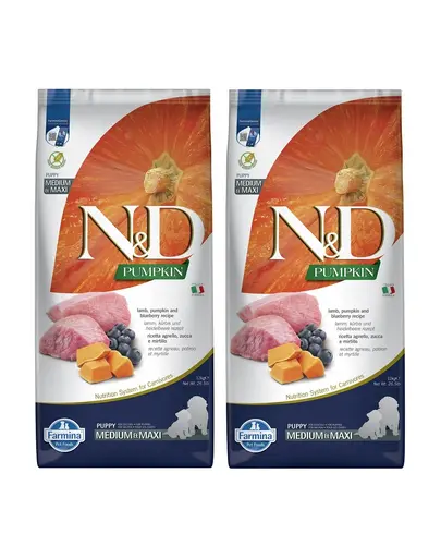 FARMINA N&D GF Puppy Medium&Maxi Pumpkin Lamb&Blueberry hrana uscata catei talie medie si mare, cu dovleac, miel si afine 24 kg (2 x 12 kg)