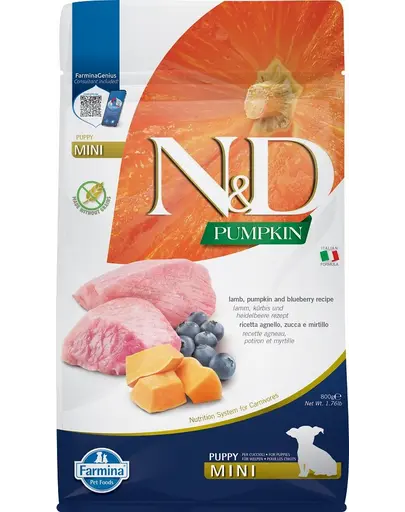 FARMINA N&D GF Pumpkin Puppy Mini - Hrana uscata pentru catelusi cu miel si afine 800 g
