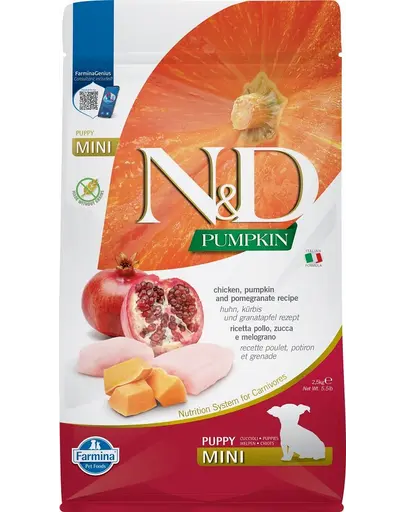 FARMINA N&D Pumpkin Dog Puppy Mini cu puiHrana catei talie mica, cu dovleac si rodie - 2,5 kg