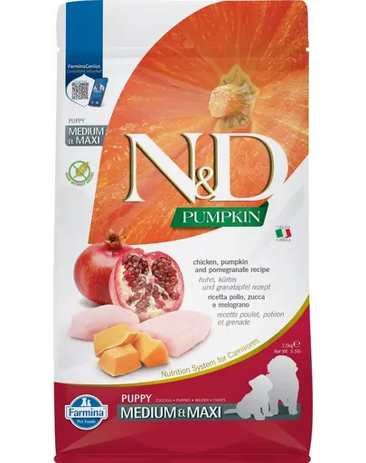FARMINA N&amp;D Pumpkin Dog Puppy Medium&amp;Maxi hrana uscata catei de talie medie sau mare, cu pui, rodie si dovleac  2,5 kg
