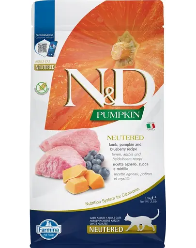 FARMINA N&D Pumpkin Hrana pentru pisici adulte sterilizate sau castrate, cu miel si afine - 1,5 kg