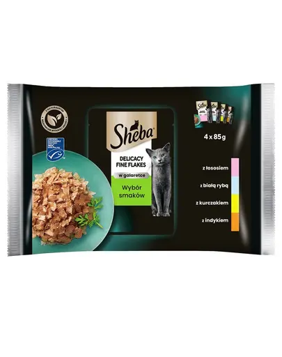 SHEBA plicuri hrana pisici 4x85g Fine Flakes in Jelly - hrana umeda pentru pisici in jeleu (peste alb, somon, curcan, pui)