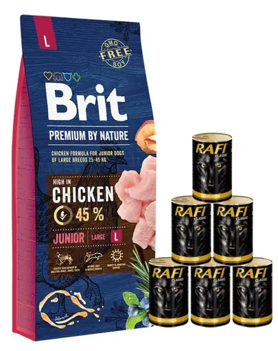 BRIT Premium By Nature Junior Large L 15 kg + hrana umeda 6x1240 g cu pasare