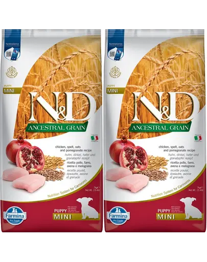 FARMINA N&D Low Grain Chicken & Pomegranate Mini Puppy 2 x 7 kg hrana uscata caini juniori talie mica, pui si rodie