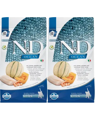 FARMINA N&D Ocean Cat Kitten cod, shrimp, pumpkin & cantaloupe melon 2 x 1,5 kg hrana uscata pisoi, pisici gestante/alapteaza, cod, creveti, dovleac si pepene galben