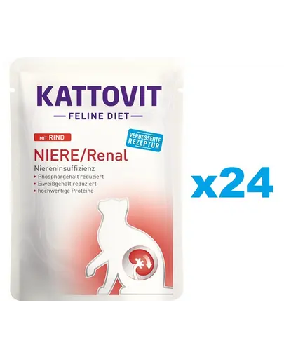 KATTOVIT Feline Diet Niere/Renal Beef hrana umeda dietetica pentru pisici cu afectiunile ale rinichilor, cu vita 24 x 85 g