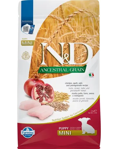 FARMINA N&D Mini Puppy Low Grain Chicken&Pomegranate hrana uscata caini juniori talie mica, pui si rodie 2.5 kg