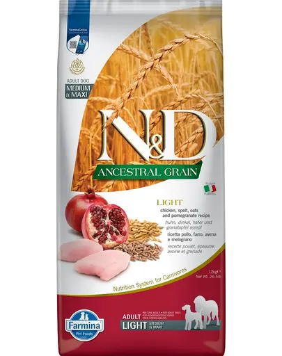 FARMINA N&amp;D Low Grain Light Adult Medium/Maxi  Sac hrana uscata pentru caini talie medie sau mare, cu pui si rodie 12 kg