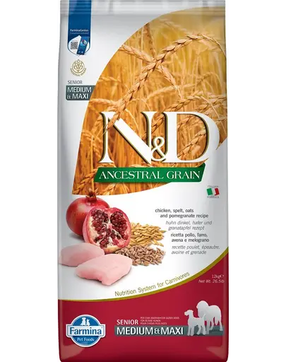FARMINA N&amp;D Low Grain Senior Medium/Maxi Hrana uscata pentru caini seniori talie medie si mare,cu pui si rodie 12 kg