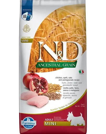 FARMINA N&amp;D Low Grain Adult Mini Hrana uscata caini talie mica, cu pui si rodie 7 kg