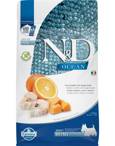 FARMINA N&D Ocean Adult mini Hrana uscata pentru caini adulti de talie mica, cu cod si dovleac 800 g
