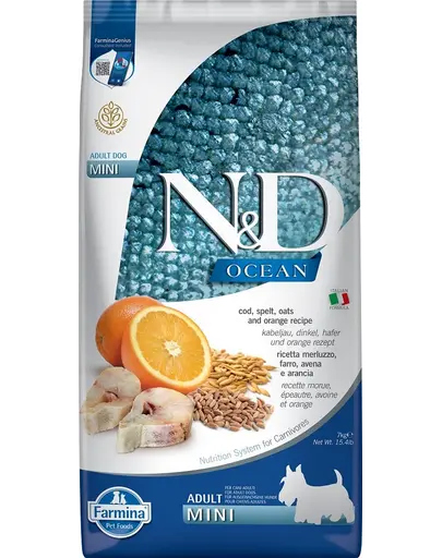 FARMINA N&D Ocean Adult Mini cu cod, spelat, ovaz, portocale 7 kg