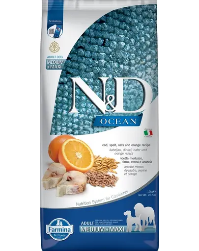 FARMINA N&D Ocean Dog Adult Medium&Maxi hrana uscata caini adulti talie medie/mare, cod, portocala, ovaz 12 kg