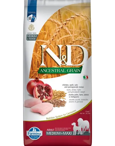 FARMINA N&D Ancestral Grain Adult Medium/Maxi Sac hrana uscata caini talie medie sau mare, cu pui si rodie 12 kg