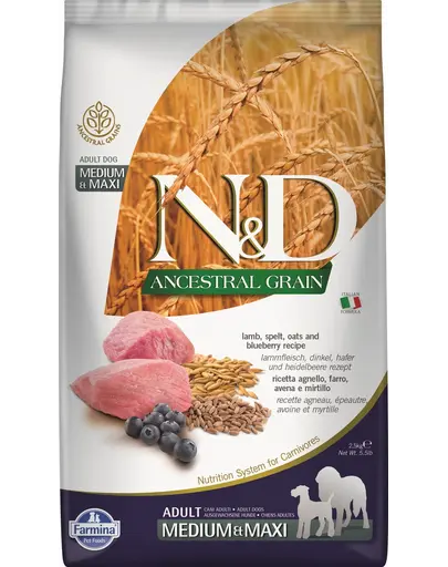 FARMINA N&D Ancestral Grain Adult Medium/Maxi Hrana uscata pentru caini, cu miel si afine 2,5 kg