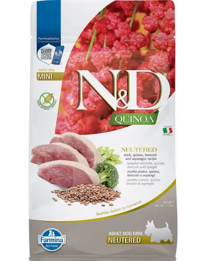 FARMINA N&D Quinoa Dog Duck, Broccoli & Asparagus Neutered Adult Mini 800 g Hrana uscata caini de talie mica, sterilizati