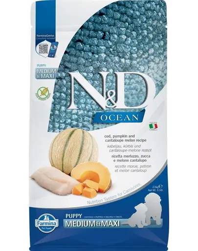 FARMINA N&amp;D Ocean Hrana uscata catei talie medie sau mare, cu cod, dovleac si pepene galben - 2,5 kg