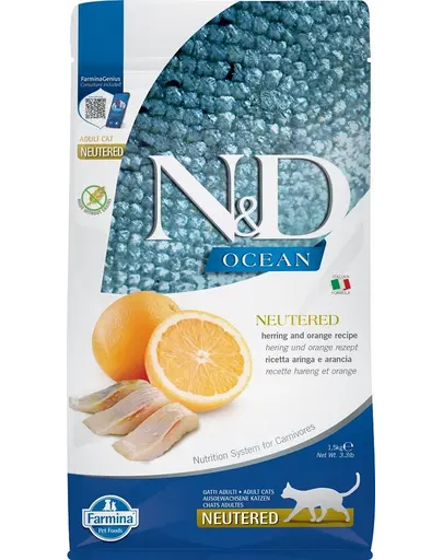 FARMINA N&D Ocean - Hrana uscata pentru pisici adulte, dupa castrare - hering si portocala -1,5 kg