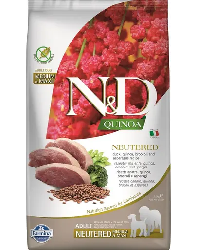 FARMINA N&amp;D Quinoa Dog Neutered Adult Medium/Maxi hrana uscata caini adulti dupa castrare/sterilizare, cu rata, broccoli si sparanghel 2,5 kg