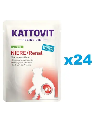 KATTOVIT Feline Diet Niere/Renal hrana umeda dietetica pentru pisici cu afectiuni ale rinichilor, curcan 24 x 85 g