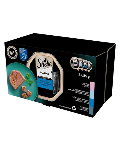 SHEBA Classics hrana cu peste pentru pisica 8x85 g pate cu somon, peste alb si morcovi, ton si legume, cod