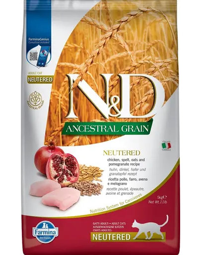 FARMINA N&D Low Grain Hrana pentru pisicile adulte castrate, cu pui si rodie 5 kg