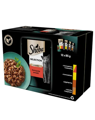 SHEBA Selection Juicy Flavors plicuri 12x85 g hrana umeda completa pentru pisici adulte, in sos, cu vita, pui, miel, curcan
