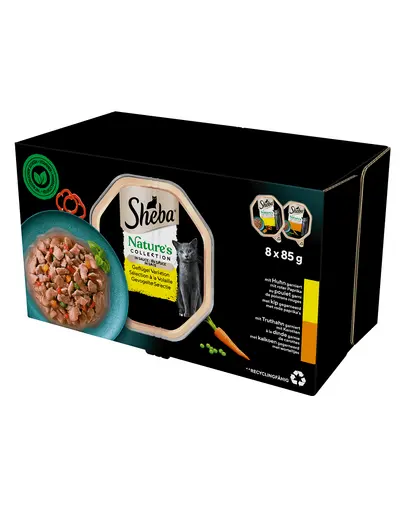 SHEBA Nature's Collection Hrana umeda pisici in tava, cu sos 8x85g pui cu ardei si curcan cu morcovi