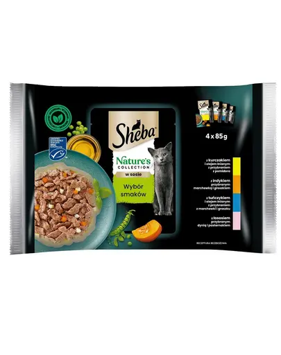 SHEBA Nature’s Collection mix plicuri pentru pisica 4x85 g in sos cu bucati de pui, curcan, ton, somon