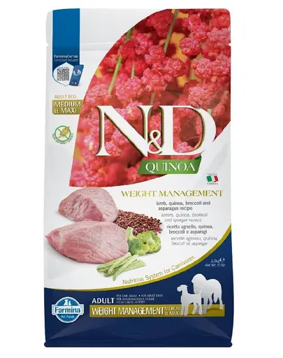FARMINA N&D Quinoa Dog Adult medium maxi Weight management lamb, broccoli 2,5 kg hrana caini talie medie si mare pentru controlul greutatii, cu miel si brocoli