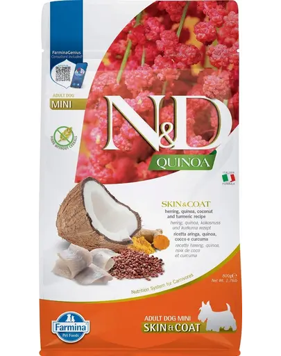 FARMINA N&D Quinoa Skin & Coat Mini hrana caini adulti talie mica cu hering si cocos 800 g