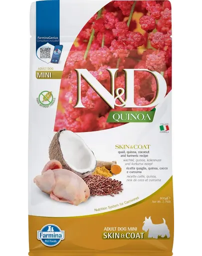 FARMINA N&D Quinoa Skin&Coat Mini Hrana caini talie mica, cu prepelita si nuca de cocos 800 g