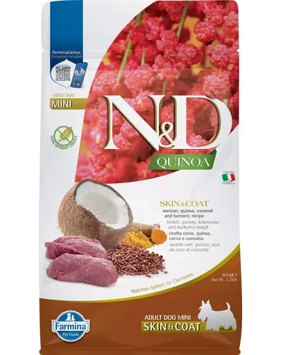 FARMINA N&D Quinoa Skin & Coat Mini hrana caini adulti talie mica cu cerb si cocos, 800 g