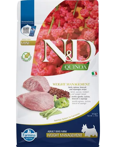 FARMINA N&D Quinoa Weight Management Mini hrana caini adulti talie mica cu miel, 800 g