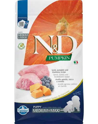 FARMINA N&D GF Puppy Medium&Maxi Pumpkin Lamb&Blueberry hrana uscata caini juniori talie medie/mare, cu dovleac, miel si afine 2,5 kg