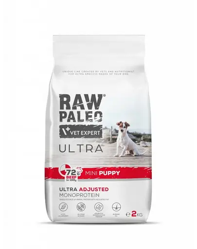 RAW PALEO Ultra Beef Mini Puppy 2kg Hrana uscata entru catei de talie mica, cu vita