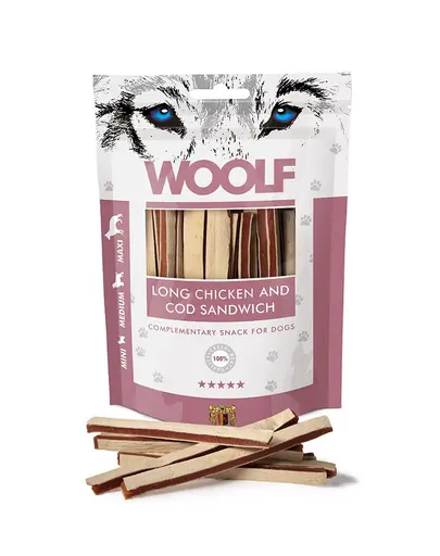 WOOLF Long Chicken And Cod Sandwich 100g pui si cod, pentru caini