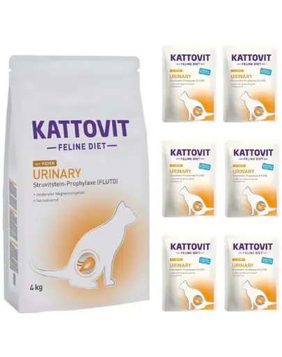 KATTOVIT Feline Diet Urinary Chicken hrana cu pui 4 kg + hrana umeda 6x85 g