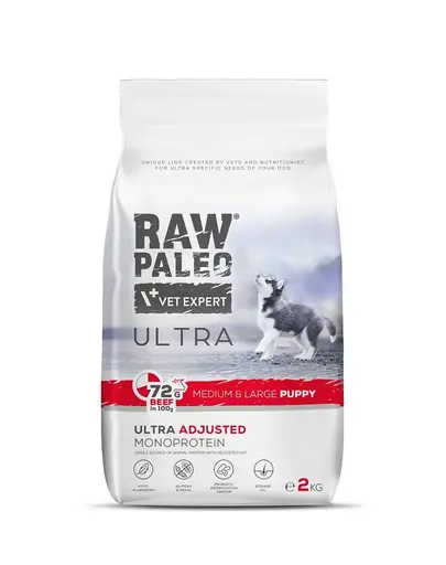 RAW PALEO Ultra Beef Medium&Large Puppy 2kg hrana catei rasa medie si mare, cu vita