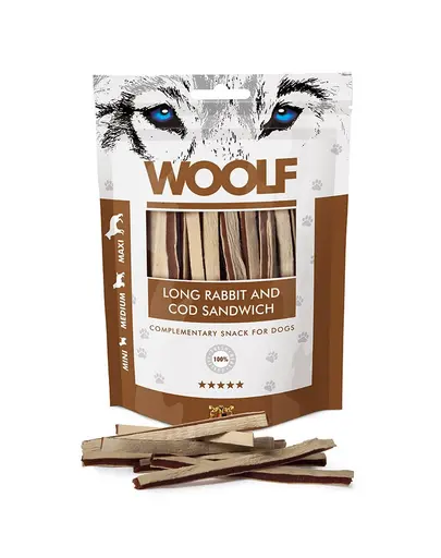 WOOLF Long Rabbit And Cod Sandwich 100g treats caini, iepure si cod