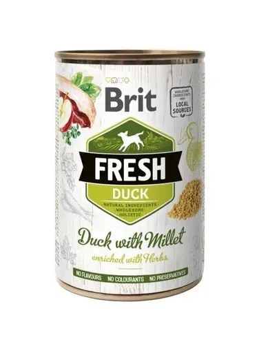 Conserva BRIT FRESH Duck with millet 400 g rata si mei, hrana umeda caini