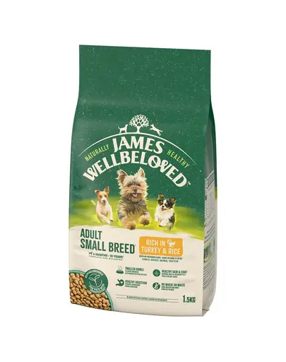 JAMES WELLBELOVED Adult 1,5 kg hrana caini adulti din rase mici 6 luni - 10 ani bogata in curcan si orez