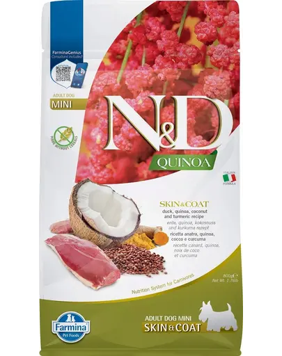 FARMINA N&D Quinoa Mini Skin&Coat hrana caini talie mica 800g rata si nuca de cocos