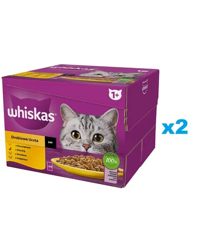 Plicuri in sos WHISKAS Adult 48x85 g bucati de pui, rata, pasare, curcan pentru pisici adulte