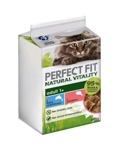 PERFECT FIT Natural Vitality Adult 1+ Fish 6x50g pliculete cu peste oceanic si somon in sos pentru pisici