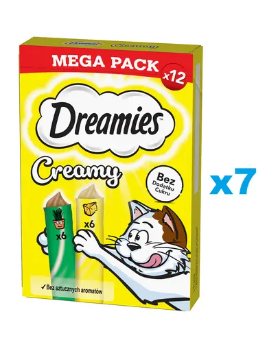 DREAMIES Creamy MEGA PACK 84x10 g recompense pisici, cu branza si iarba matei