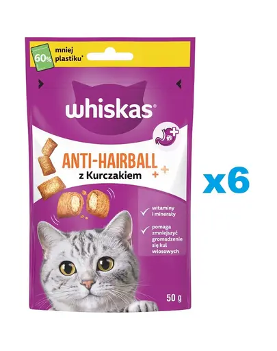 WHISKAS Anti-Hairball 6x50 g recompense anti-ghemotoc cu pui pentru pisici adulte