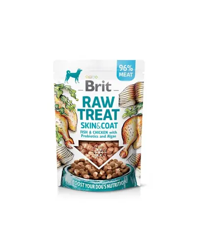 BRIT Recompensa caini Raw Treat Freeze Dried Skin Coat 40 g peste si pui liofilizat cu probiotice